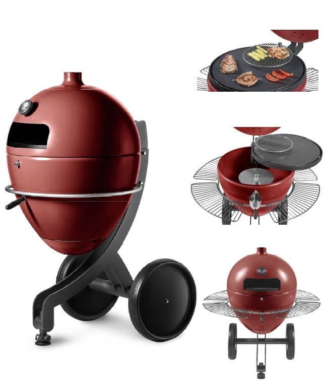 Barbecue à granulés POB PBQ couleur rouge differentes vues avec grilles plancha