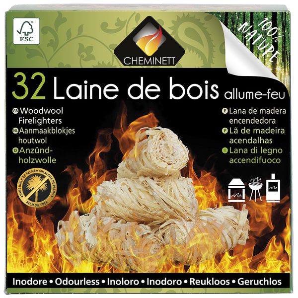 10 Kgs Allume-feu CHEMINETT en laine de bois certifié FSC et cire 100